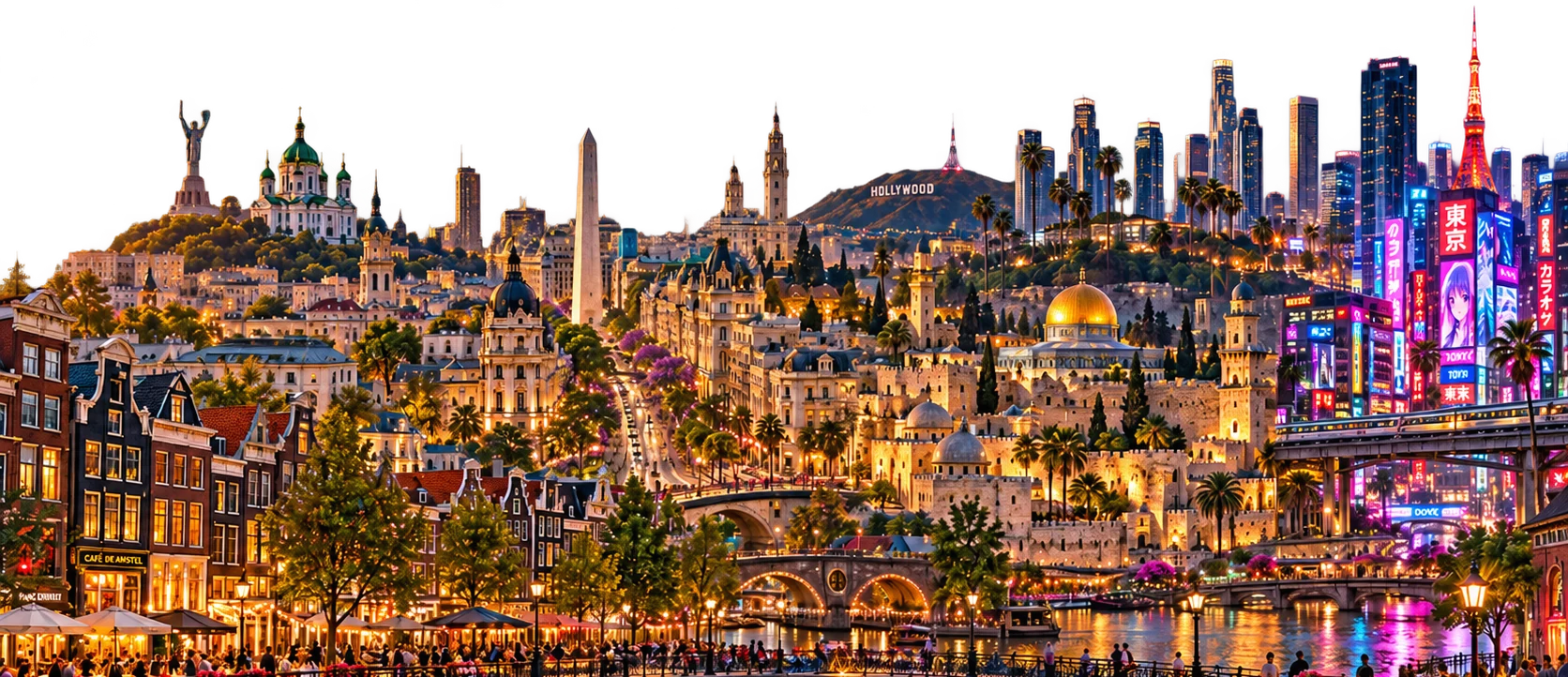 Illustrated skyline connecting cities around the world