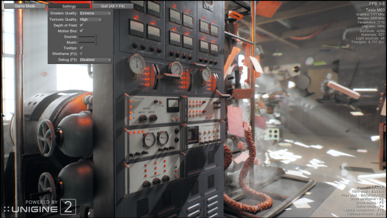 Unigine Superposition benchmark options and graphics at extreme quality settings